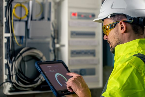 Man an electrical technician working in a switchboard with fuses, uses a tablet. Man, an electrical technician working in a switchboard with fuses. Installation and connection of electrical equipment.